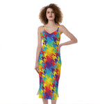 Rainbow Houndstooth Pattern Print Slim Fit Midi Cami Dress