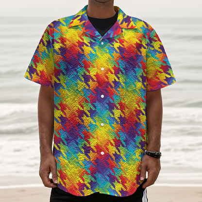 Rainbow Houndstooth Pattern Print Textured Short Sleeve Shirt