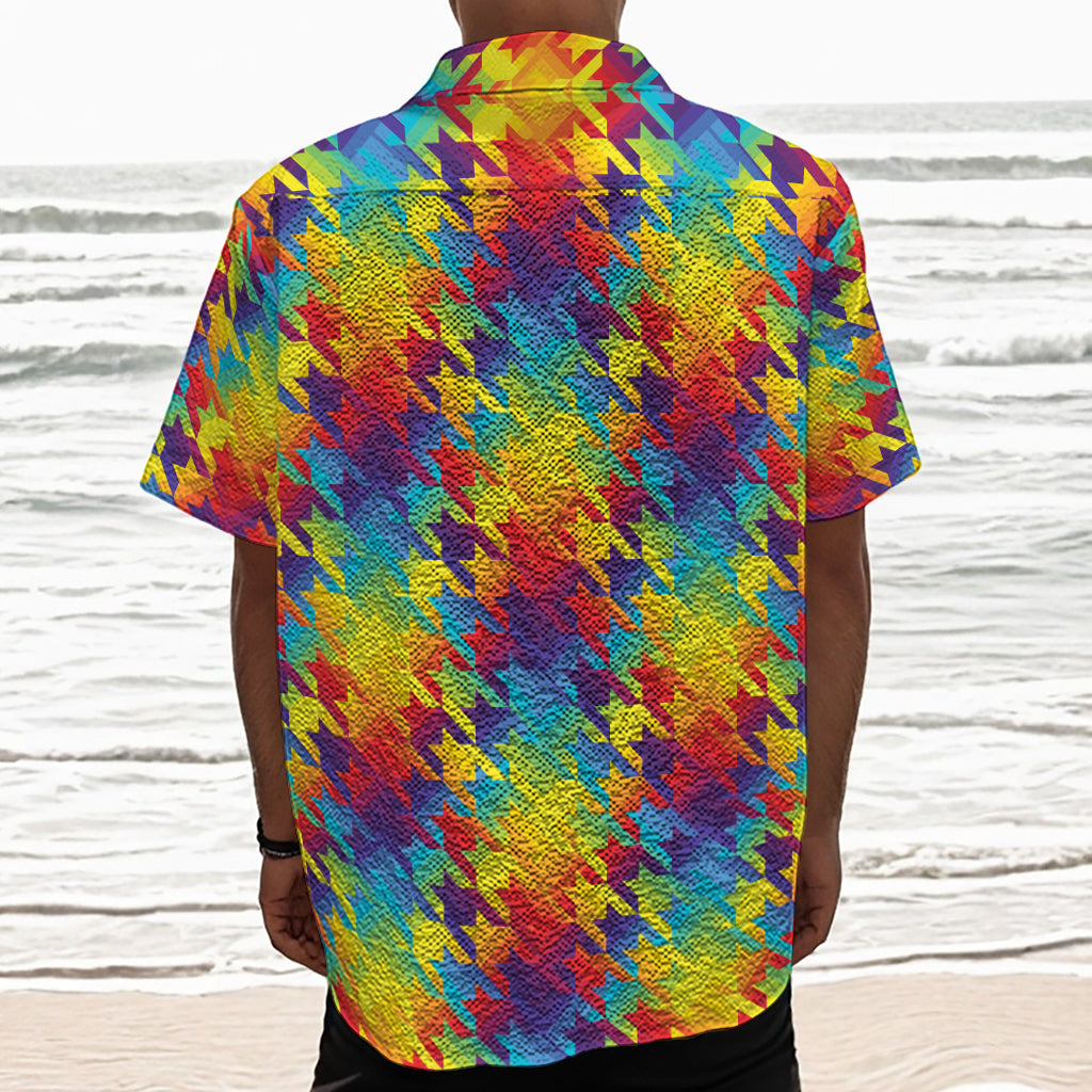 Rainbow Houndstooth Pattern Print Textured Short Sleeve Shirt