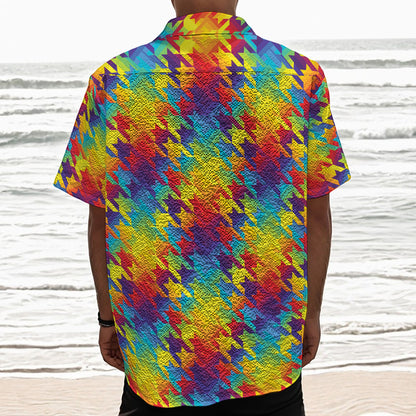 Rainbow Houndstooth Pattern Print Textured Short Sleeve Shirt