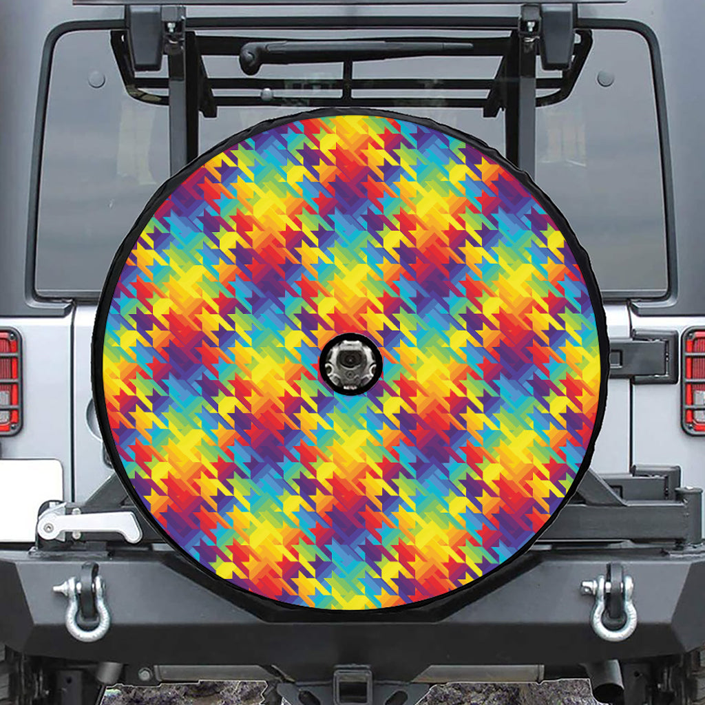 Rainbow Houndstooth Pattern Print Tire Cover With Camera Hole