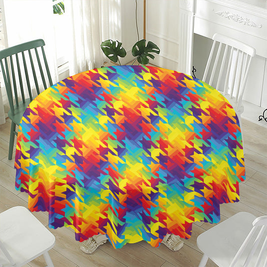Rainbow Houndstooth Pattern Print Waterproof Round Tablecloth