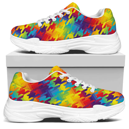 Rainbow Houndstooth Pattern Print White Chunky Shoes
