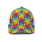 Rainbow Houndstooth Pattern Print White Mesh Trucker Cap