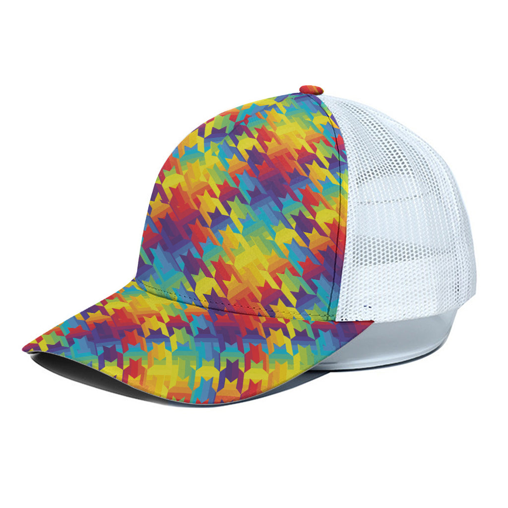 Rainbow Houndstooth Pattern Print White Mesh Trucker Cap