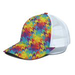 Rainbow Houndstooth Pattern Print White Mesh Trucker Cap