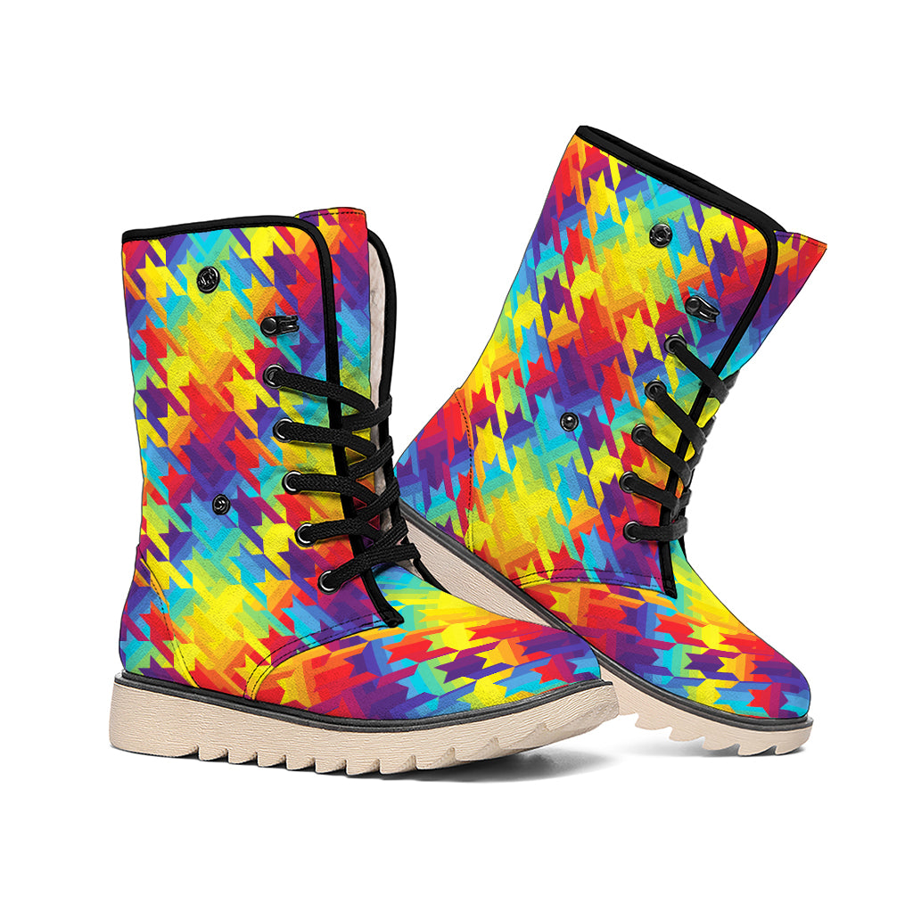 Rainbow Houndstooth Pattern Print Winter Boots