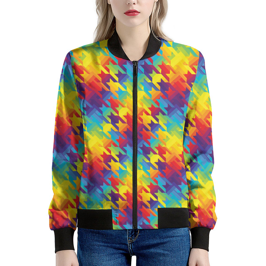 Rainbow Houndstooth Pattern Print Women's Bomber Jacket