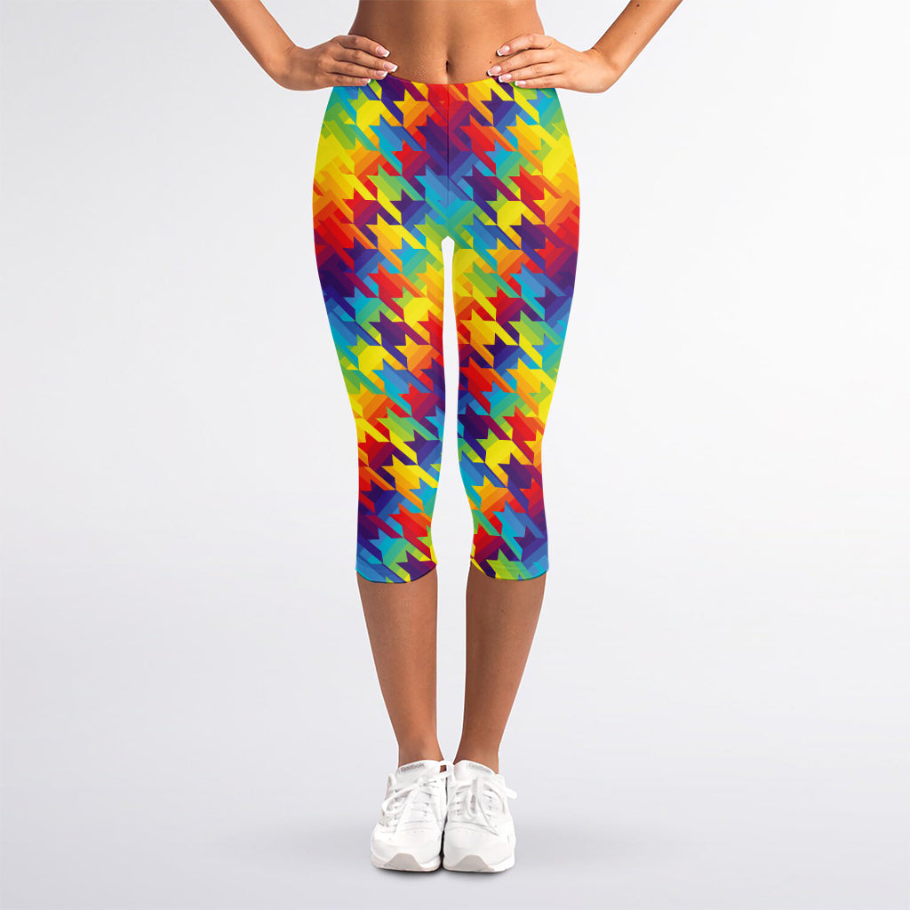 Rainbow Houndstooth Pattern Print Women's Capri Leggings