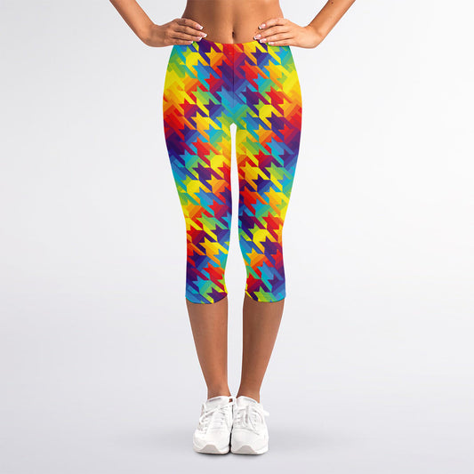 Rainbow Houndstooth Pattern Print Women's Capri Leggings