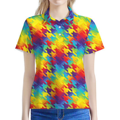 Rainbow Houndstooth Pattern Print Women's Polo Shirt