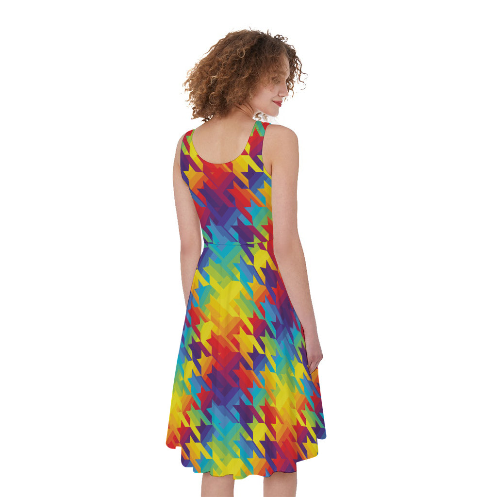 Rainbow Houndstooth Pattern Print Women's Sleeveless Dress