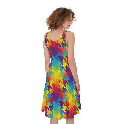 Rainbow Houndstooth Pattern Print Women's Sleeveless Dress