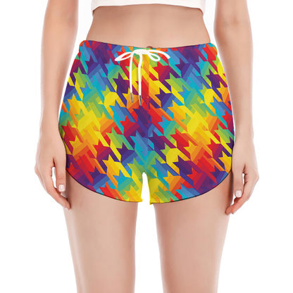 Rainbow Houndstooth Pattern Print Women's Split Running Shorts