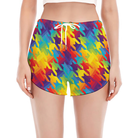Rainbow Houndstooth Pattern Print Women's Split Running Shorts
