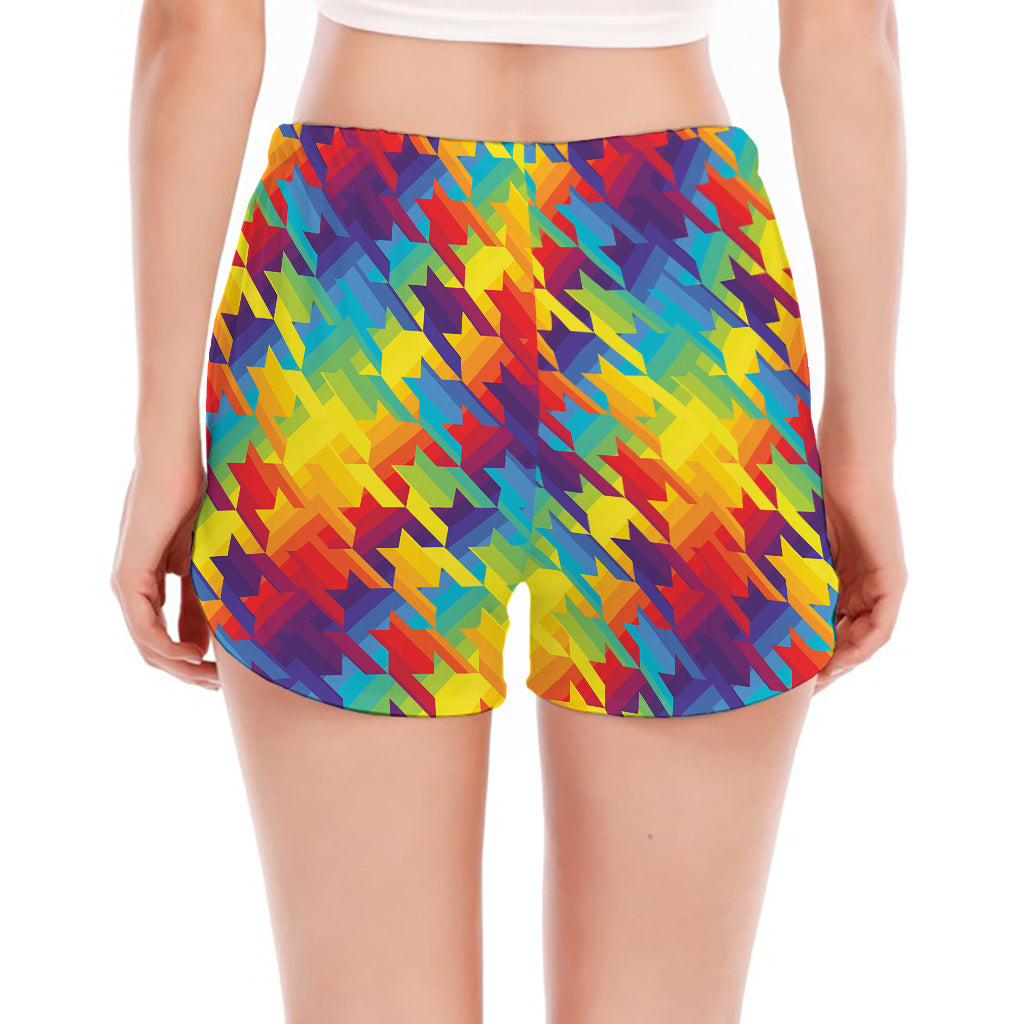 Rainbow Houndstooth Pattern Print Women's Split Running Shorts