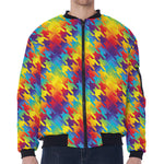 Rainbow Houndstooth Pattern Print Zip Sleeve Bomber Jacket