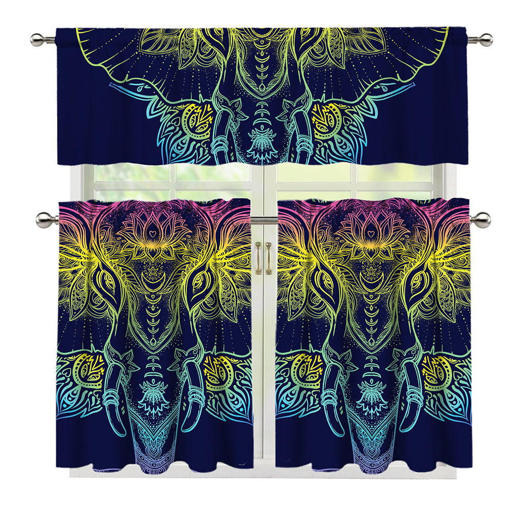Rainbow Indian Elephant Print 3 Piece Kitchen Curtains