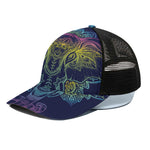 Rainbow Indian Elephant Print Black Mesh Trucker Cap