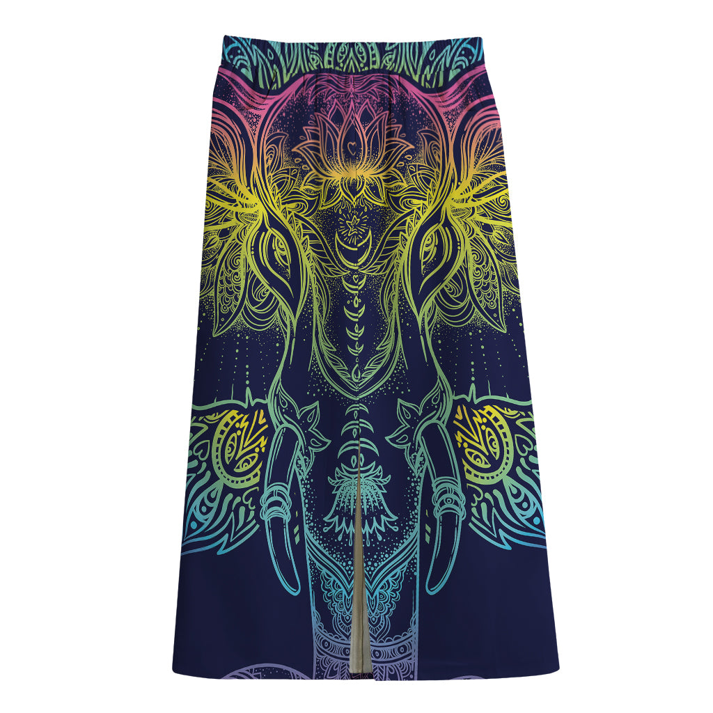Rainbow Indian Elephant Print Cotton Front Slit Maxi Skirt