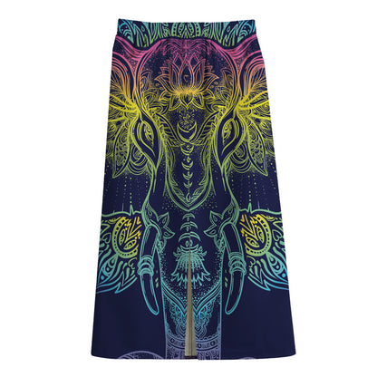 Rainbow Indian Elephant Print Cotton Front Slit Maxi Skirt