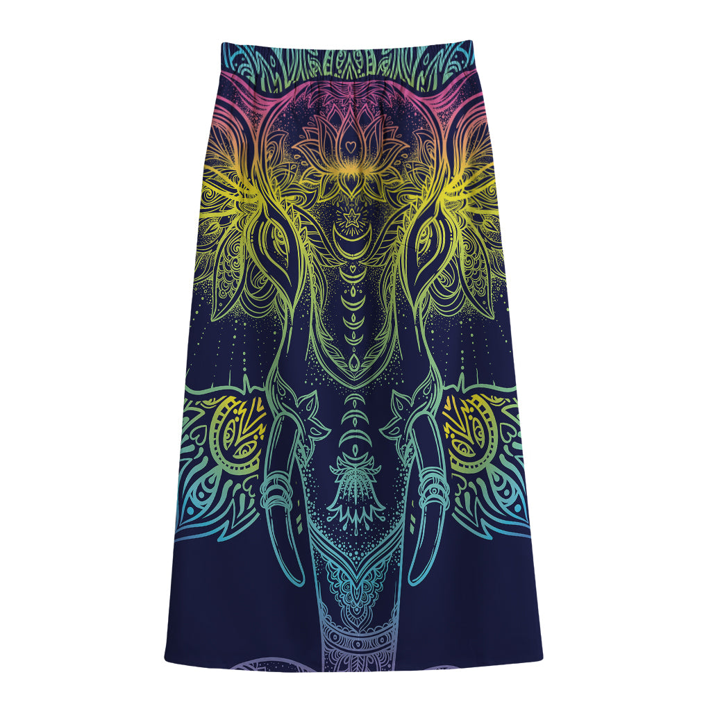 Rainbow Indian Elephant Print Cotton Front Slit Maxi Skirt