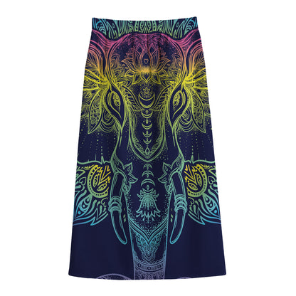 Rainbow Indian Elephant Print Cotton Front Slit Maxi Skirt