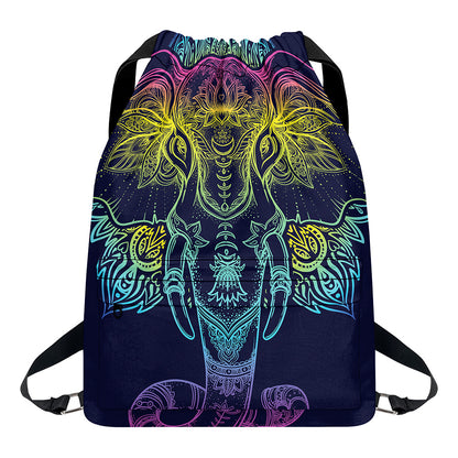 Rainbow Indian Elephant Print Drawstring Backpack