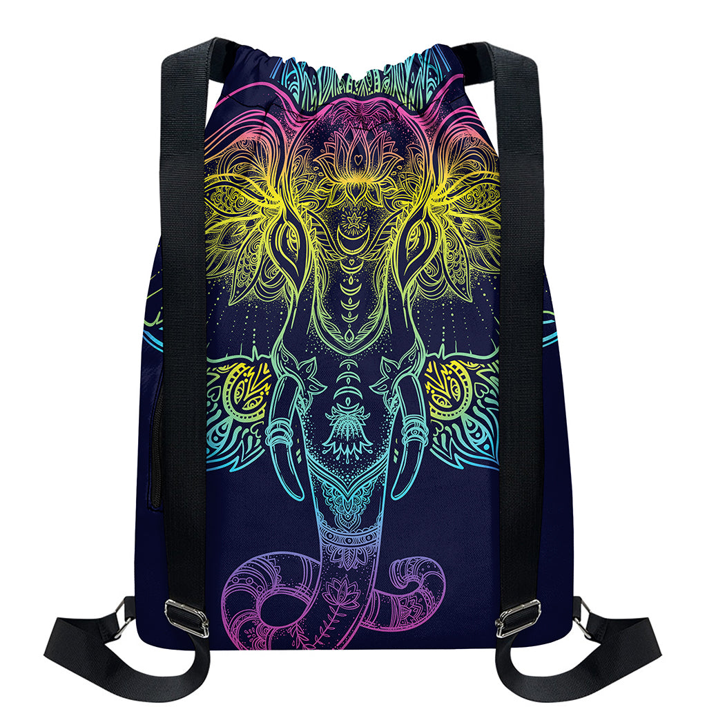 Rainbow Indian Elephant Print Drawstring Backpack