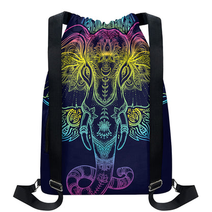 Rainbow Indian Elephant Print Drawstring Backpack
