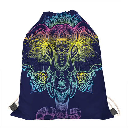 Rainbow Indian Elephant Print Drawstring Bag