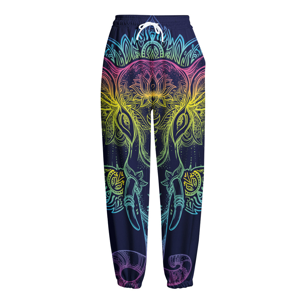 Rainbow Indian Elephant Print Fleece Lined Knit Pants