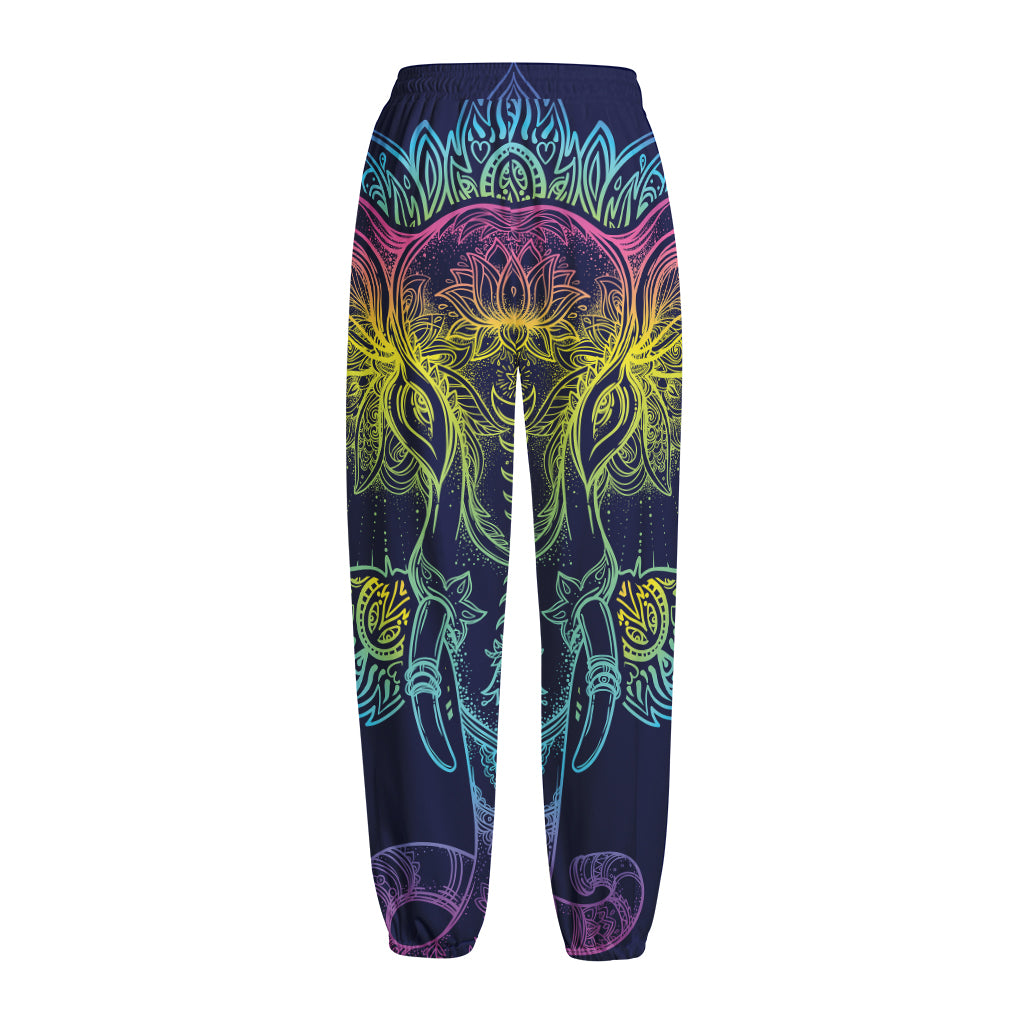 Rainbow Indian Elephant Print Fleece Lined Knit Pants