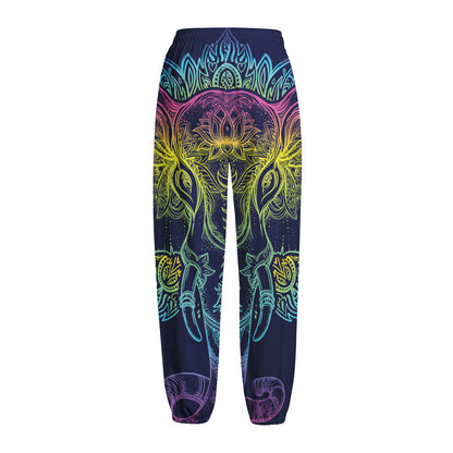 Rainbow Indian Elephant Print Fleece Lined Knit Pants