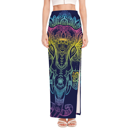 Rainbow Indian Elephant Print High Slit Maxi Skirt