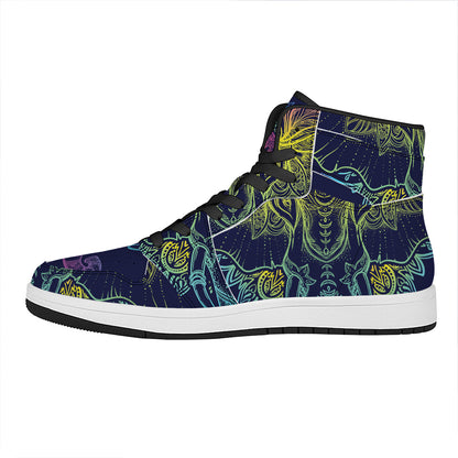 Rainbow Indian Elephant Print High Top Leather Sneakers