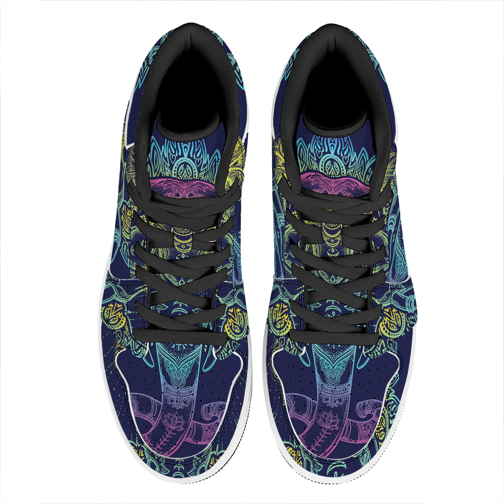 Rainbow Indian Elephant Print High Top Leather Sneakers