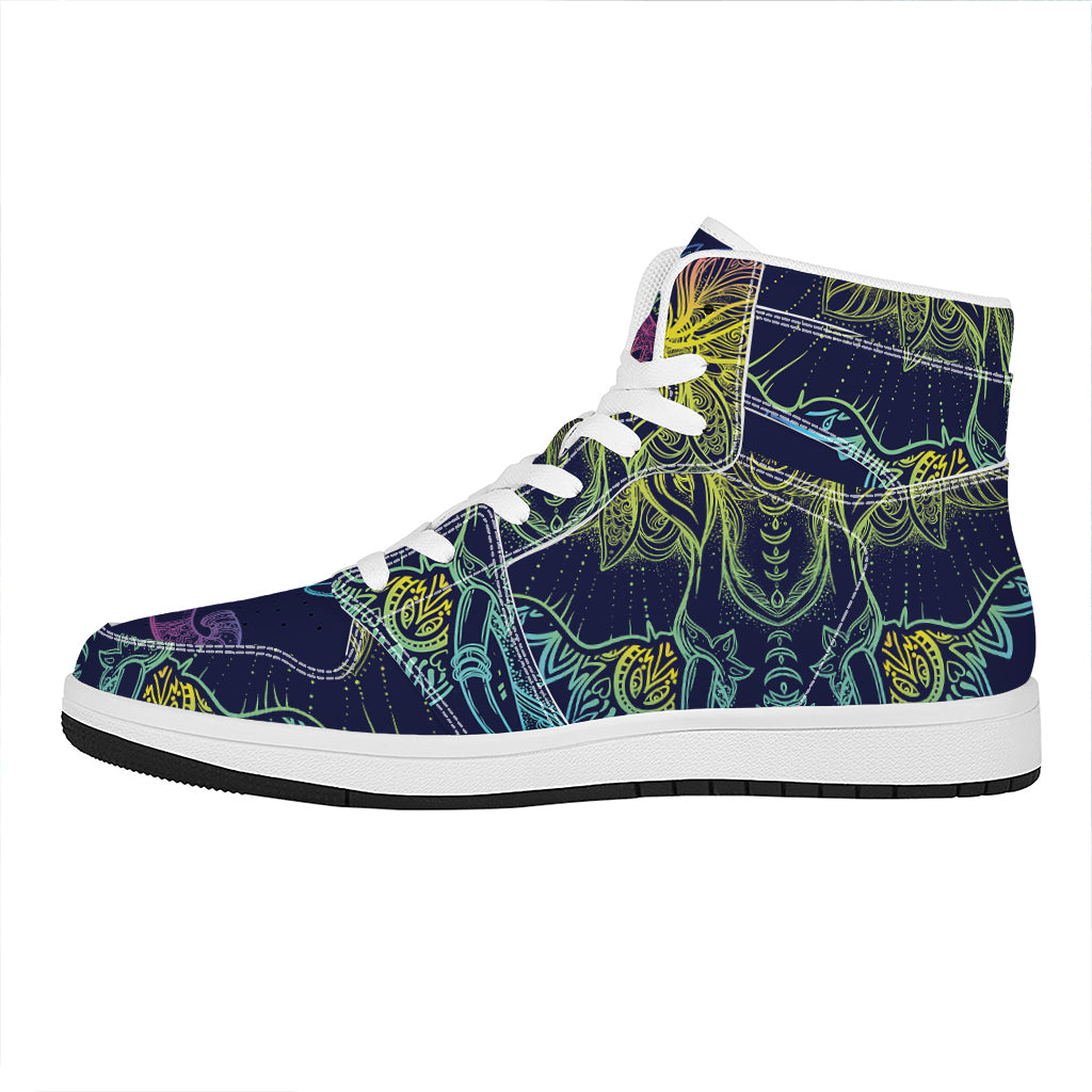 Rainbow Indian Elephant Print High Top Leather Sneakers