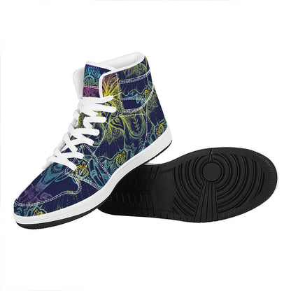 Rainbow Indian Elephant Print High Top Leather Sneakers