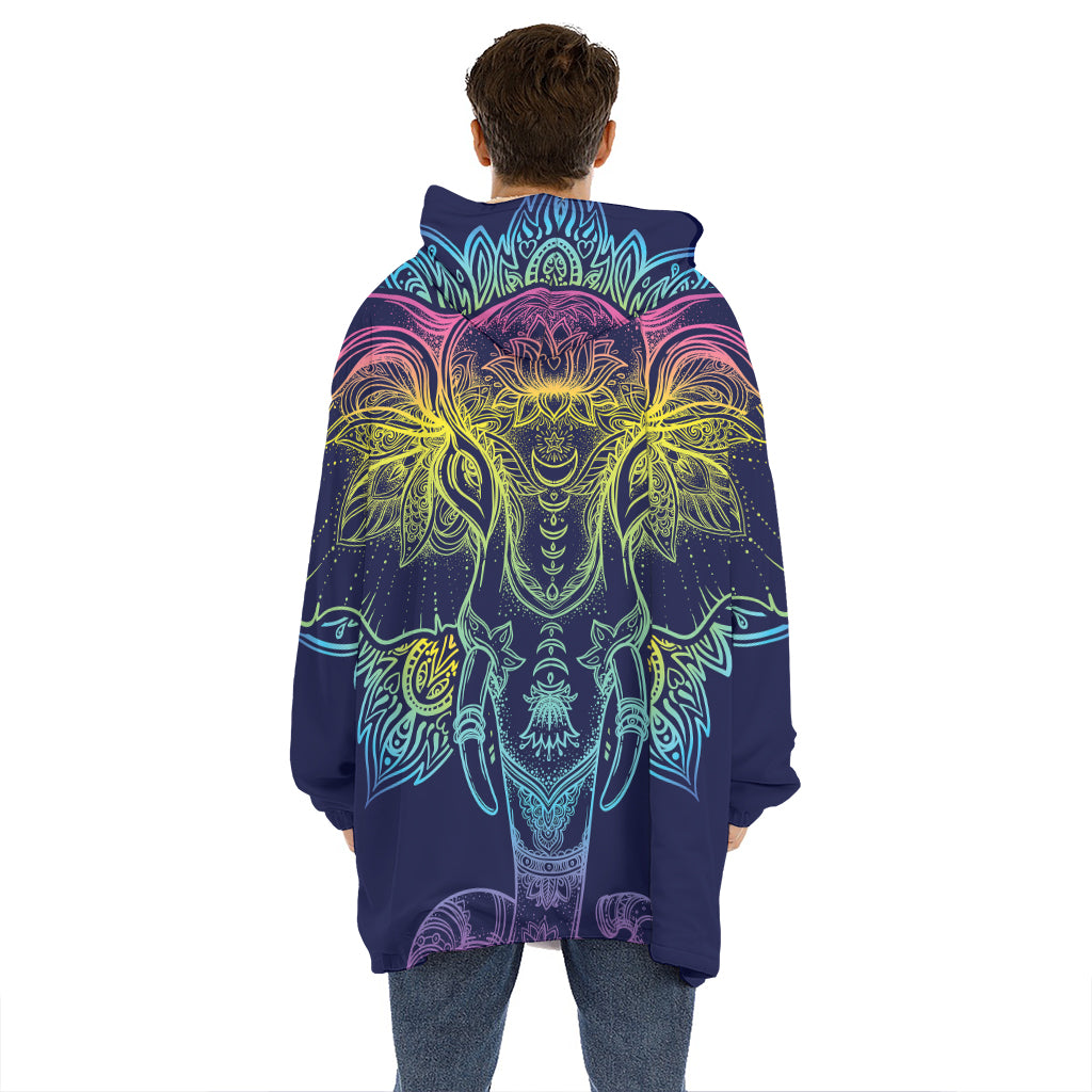 Rainbow Indian Elephant Print Hoodie Blanket