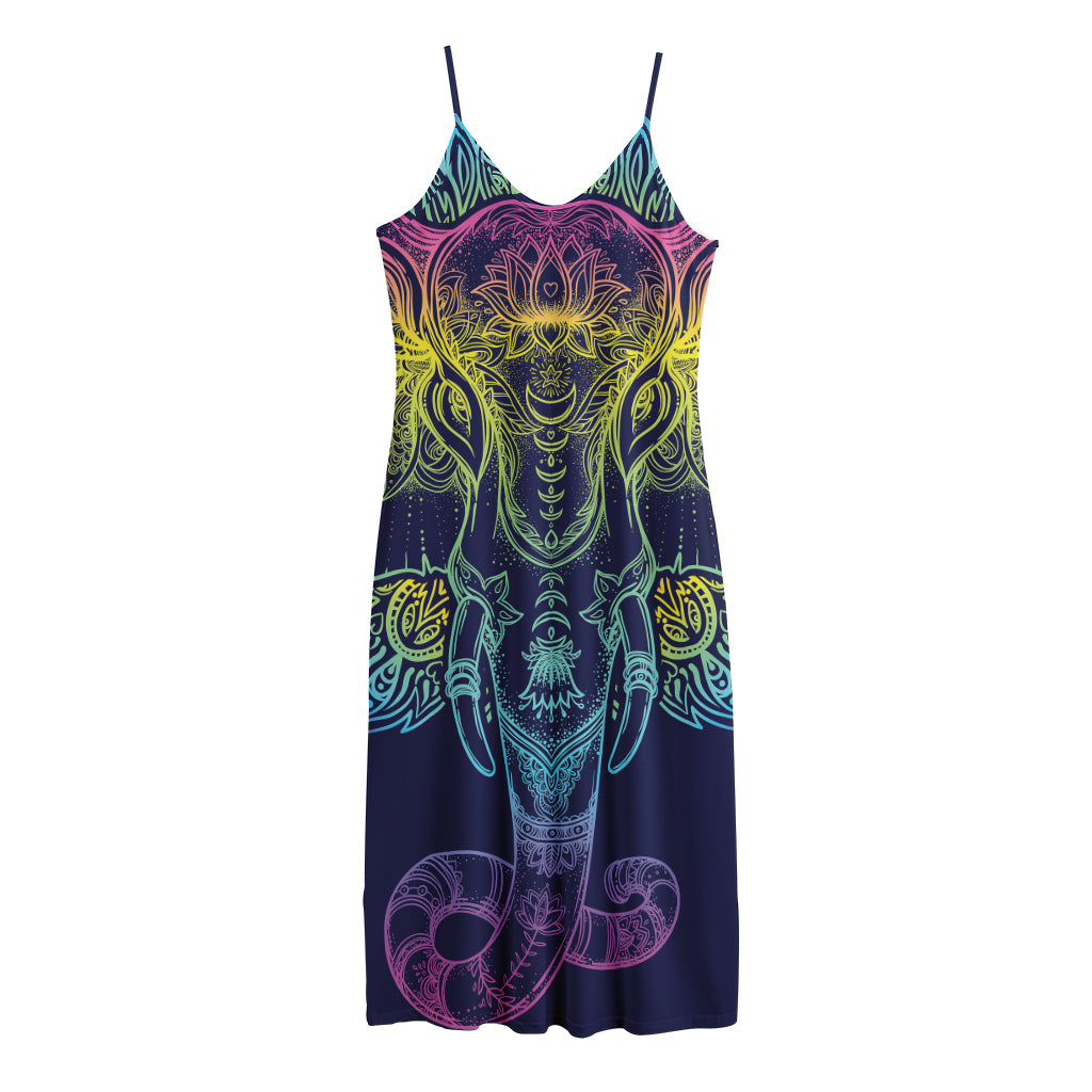 Rainbow Indian Elephant Print Jersey Midi Cami Dress
