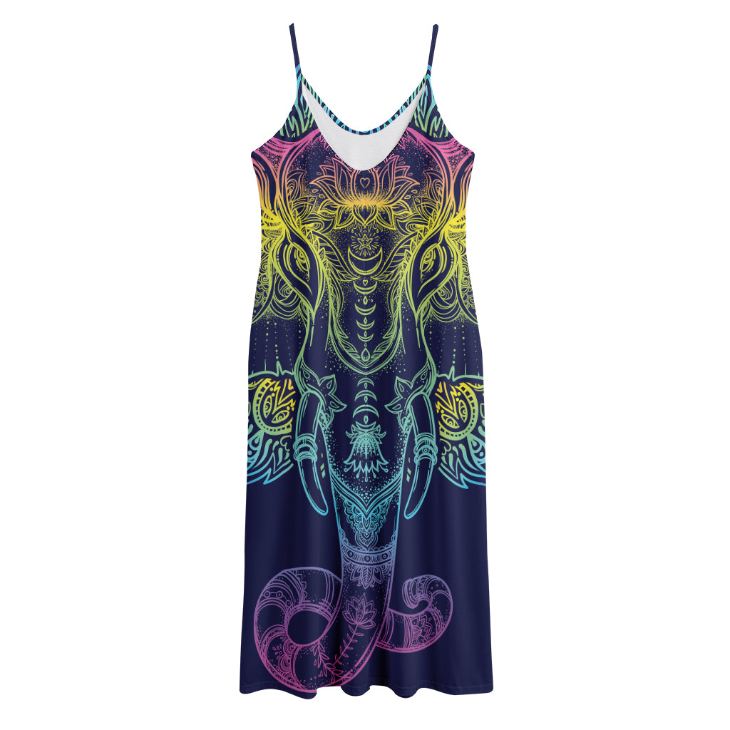 Rainbow Indian Elephant Print Jersey Midi Cami Dress