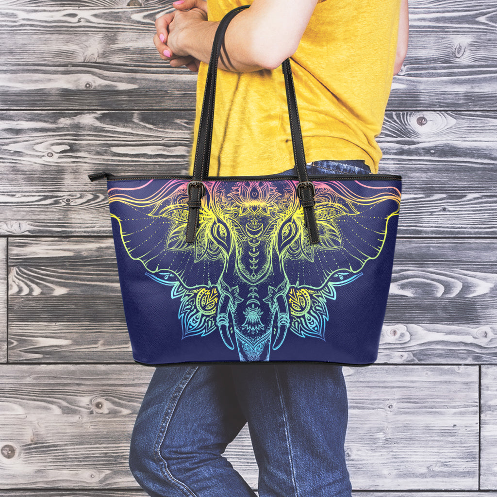 Rainbow Indian Elephant Print Leather Tote Bag