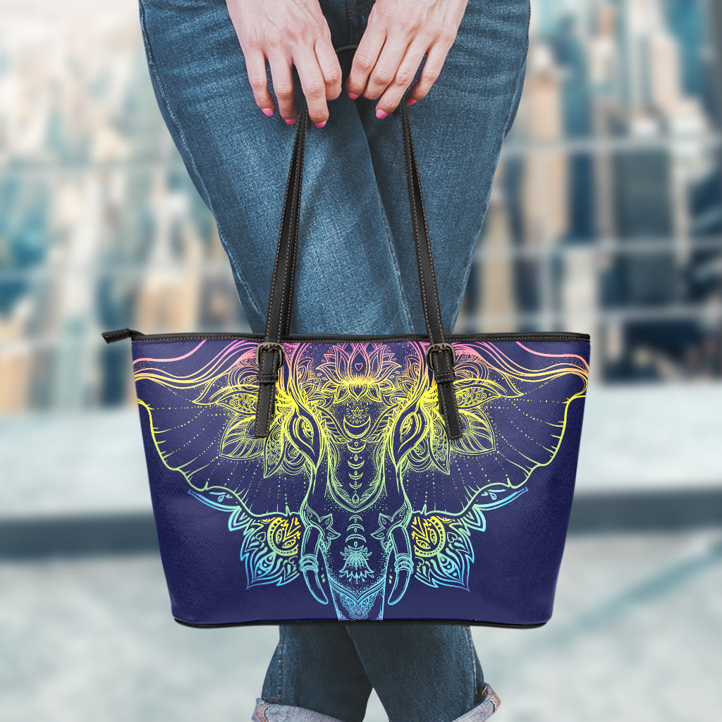 Rainbow Indian Elephant Print Leather Tote Bag