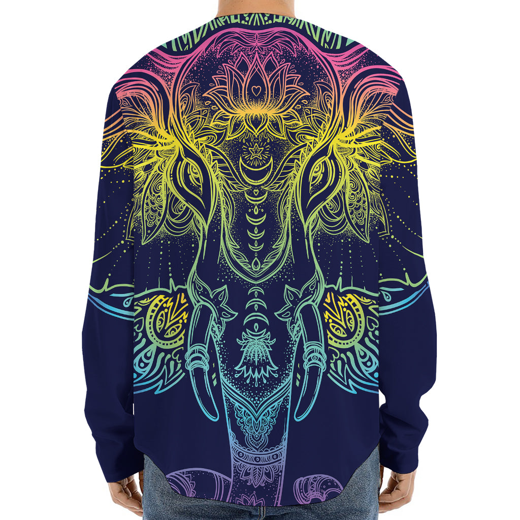 Rainbow Indian Elephant Print Long Sleeve Baseball Jersey