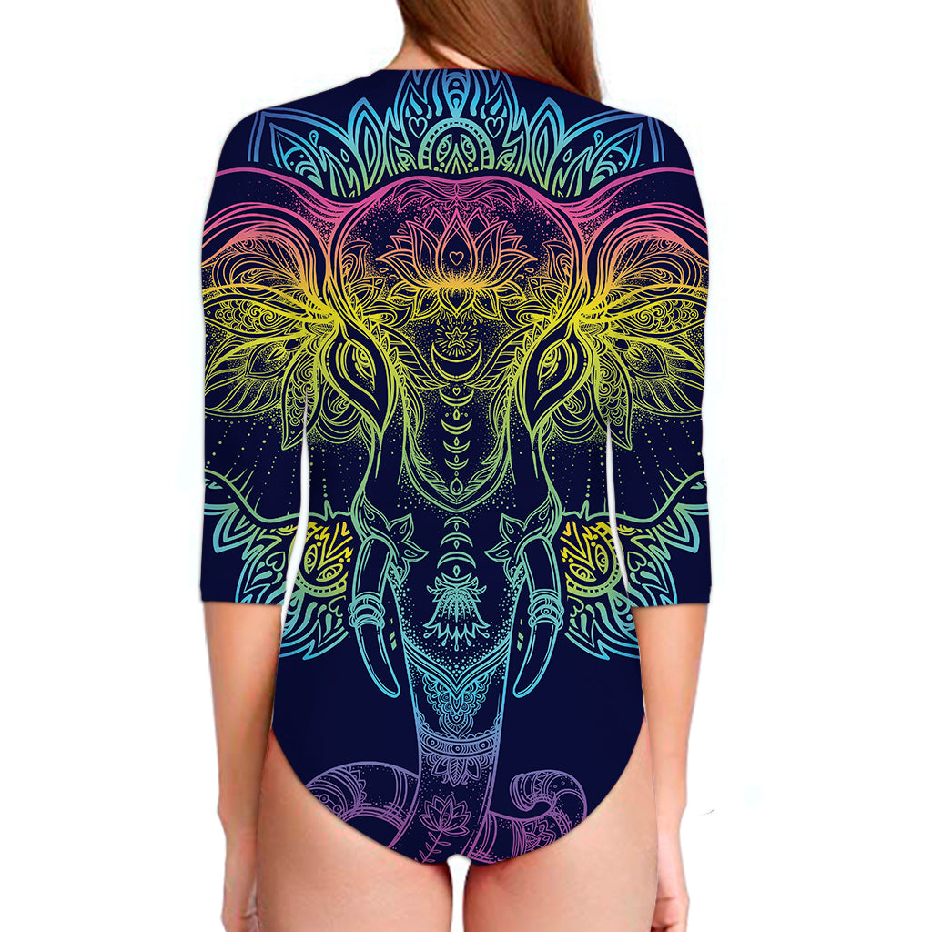 Rainbow Indian Elephant Print Long Sleeve Swimsuit
