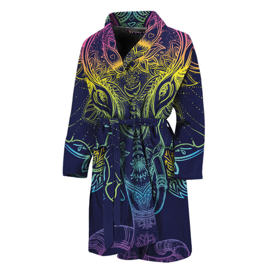 Rainbow Indian Elephant Print Men's Bathrobe