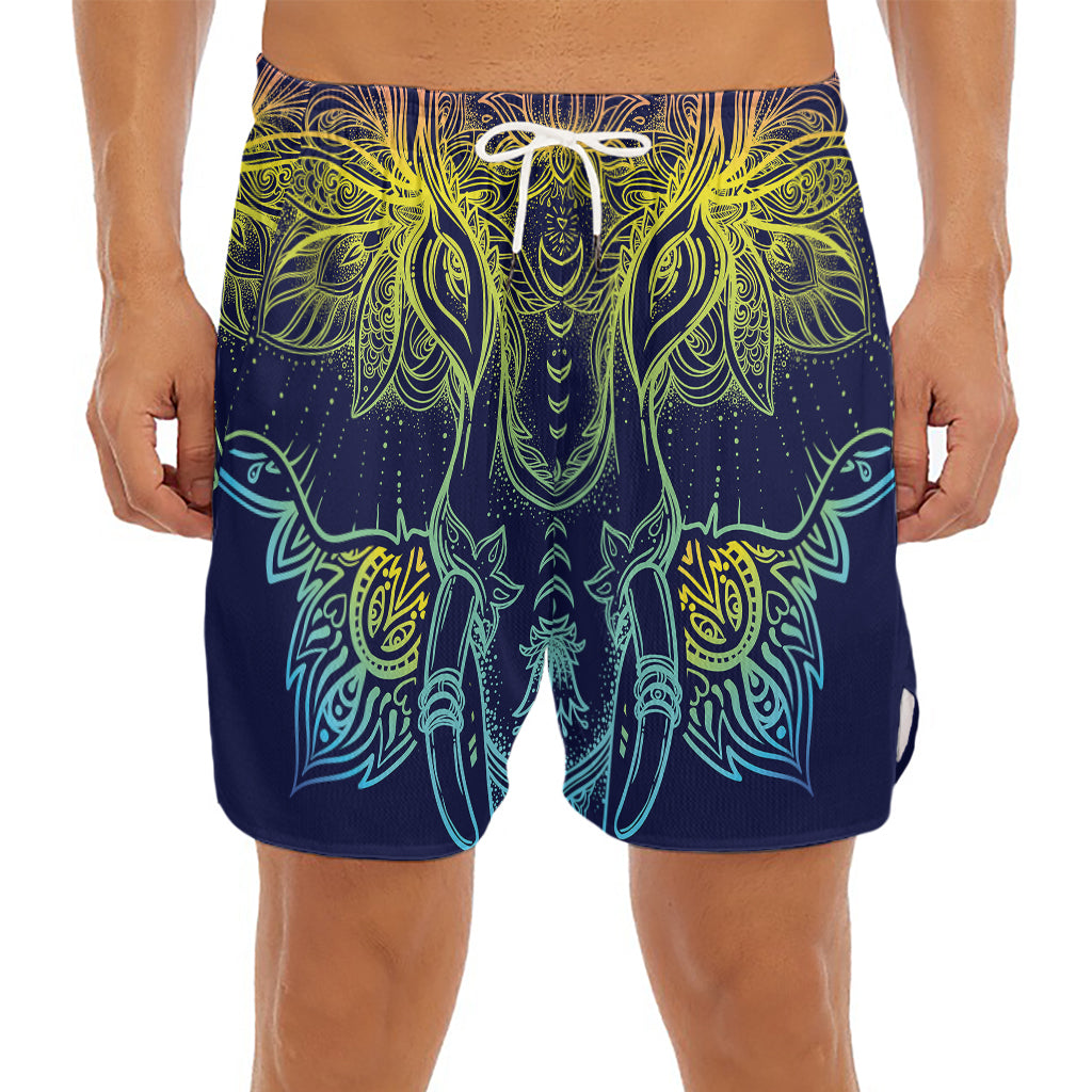 Rainbow Indian Elephant Print Men's Split Running Shorts