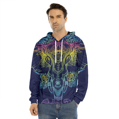 Rainbow Indian Elephant Print Men's Velvet Pullover Hoodie
