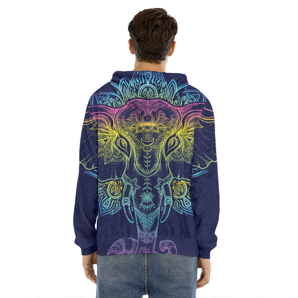 Rainbow Indian Elephant Print Men's Velvet Pullover Hoodie